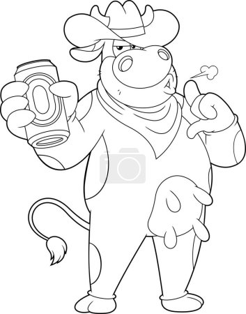 Téléchargez les illustrations : Cowboy vache personnage de bande dessinée tenant une canette de bière. Illustration dessinée à la main vectorielle isolée sur fond transparent - en licence libre de droit