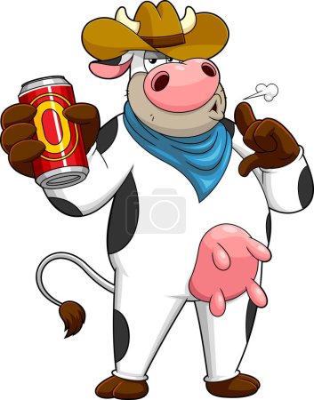 Téléchargez les illustrations : Cowboy vache personnage de bande dessinée tenant une canette de bière. Illustration dessinée à la main vectorielle isolée sur fond transparent - en licence libre de droit