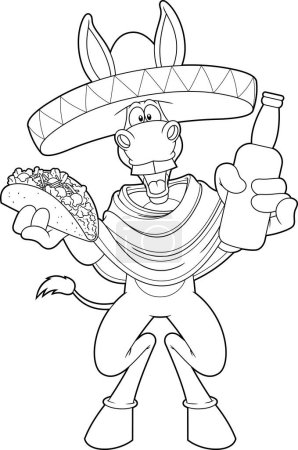 Illustration for Mexican Donkey Cartoon Character Holding Taco And Bottle Of Beer. Vector Hand Drawn Illustration Isolated On Transparent Background - Royalty Free Image