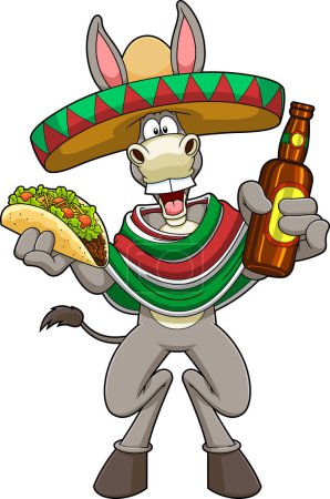 Ilustración de Carácter de dibujos animados burro mexicano sosteniendo tacos y botella de cerveza. Ilustración dibujada a mano vectorial aislada sobre fondo transparente - Imagen libre de derechos
