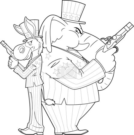 Téléchargez les illustrations : Donkey démocrate vs Éléphant républicain personnages de bande dessinée tenir des pistolets dans un duel. Illustration dessinée à la main vectorielle isolée sur fond transparent - en licence libre de droit