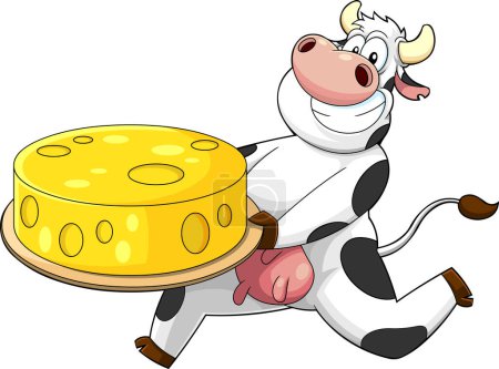 Illustration for Smiling Cow Cartoon Character Running With Round Cheese. Vector Hand Drawn Illustration Isolated On Transparent Background - Royalty Free Image
