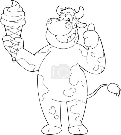 Téléchargez les illustrations : Mignon personnage de bande dessinée de vache tenant une crème glacée et donnant le pouce vers le haut. Illustration dessinée à la main vectorielle isolée sur fond transparent - en licence libre de droit