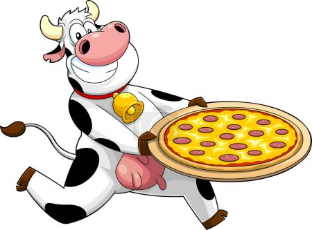 Téléchargez les illustrations : Personnage souriant de bande dessinée de vache fonctionnant avec Pepperoni Pizza. Illustration dessinée à la main vectorielle isolée sur fond transparent - en licence libre de droit