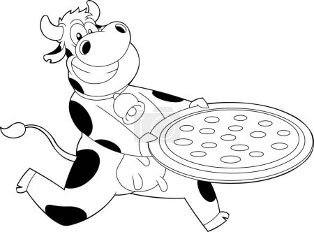 Ilustración de Carácter de dibujos animados de vaca sonriente corriendo con pizza de pepperoni. Ilustración dibujada a mano vectorial aislada sobre fondo transparente - Imagen libre de derechos