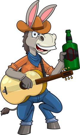 Téléchargez les illustrations : Donkey Jackass Cowboy personnage de bande dessinée avec guitare et bouteille de whisky. Illustration dessinée à la main vectorielle isolée sur fond transparent - en licence libre de droit