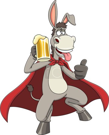 Illustration for Drunk Donkey SuperHero Cartoon Character Holding A Beer And Giving The Thumb Up. Vector Hand Drawn Illustration Isolated On Transparent Background - Royalty Free Image