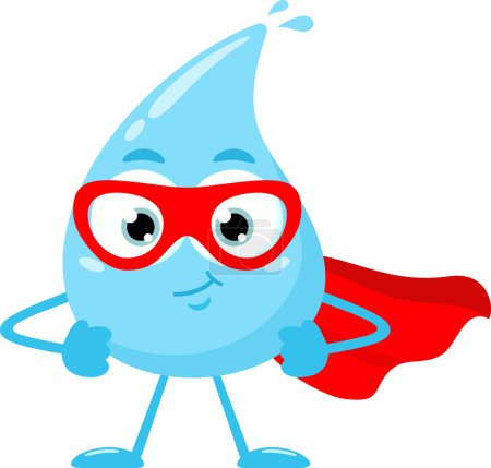 Blue Water Drop SuperHero Zeichentrickfigur. Vektor-Illustration Flachbild isoliert auf transparentem Hintergrund