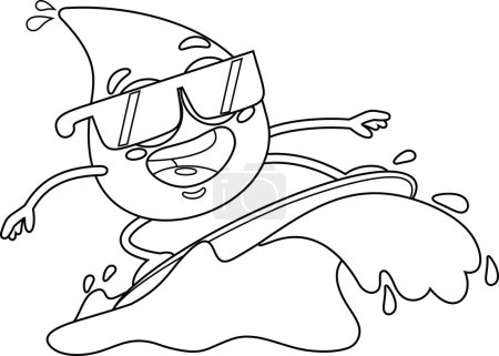 Ilustración de Gota de agua Surfer personaje de dibujos animados que monta una ola. Ilustración vectorial Diseño plano aislado sobre fondo blanco - Imagen libre de derechos