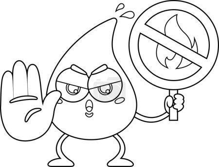 Téléchargez les illustrations : Angry Water Drop personnage de bande dessinée tenant un signe sans feu. Illustration vectorielle Design plat isolé sur fond blanc - en licence libre de droit