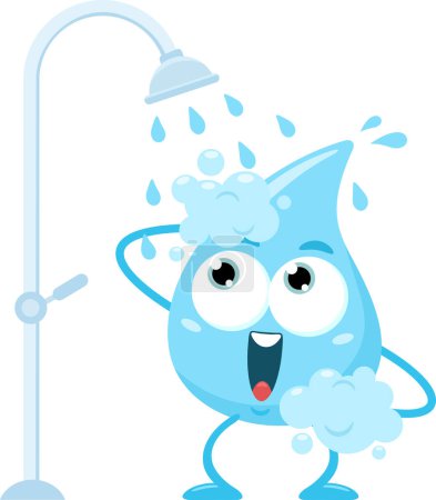 Ilustración de Feliz azul gota de agua de dibujos animados personaje tomando la ducha. Ilustración vectorial Diseño plano aislado sobre fondo blanco - Imagen libre de derechos