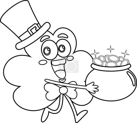 Ilustración de St. Patrick 's Clover Leaf Cartoon Character Running With Pot Full Of Gold Coins (en inglés). Ilustración vectorial Diseño plano aislado sobre fondo blanco - Imagen libre de derechos