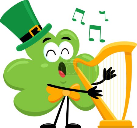 Illustration for St. Patrick's Clover Leaf Cartoon Character Singing Song With Harp. Vector Illustration Flat Design Isolated On white Background - Royalty Free Image