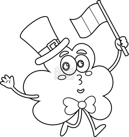 Ilustración de St. Patrick 's Clover Leaf Cartoon Character Running With Flag (en inglés). Ilustración vectorial Diseño plano aislado sobre fondo blanco - Imagen libre de derechos
