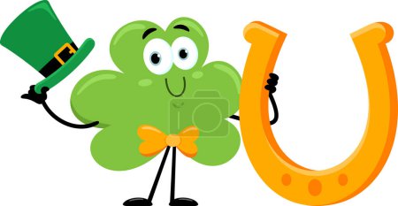 Ilustración de St. Patrick's Clover Leaf Cartoon Character Holding Golden Horseshoe. Ilustración vectorial Diseño plano aislado sobre fondo blanco - Imagen libre de derechos