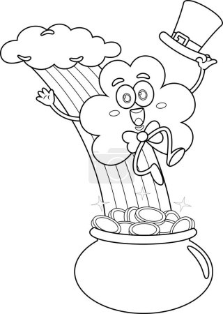 Téléchargez les illustrations : Personnage de bande dessinée St. Patricks Clover Leaf chevauchant un arc-en-ciel au sommet du pot d'or. Illustration vectorielle Design plat isolé sur fond blanc - en licence libre de droit