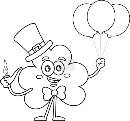 Téléchargez les illustrations : St. Patrick's Clover Leaf Cartoon Character Holding Pipe And Balloons. Illustration vectorielle Design plat isolé sur fond blanc - en licence libre de droit