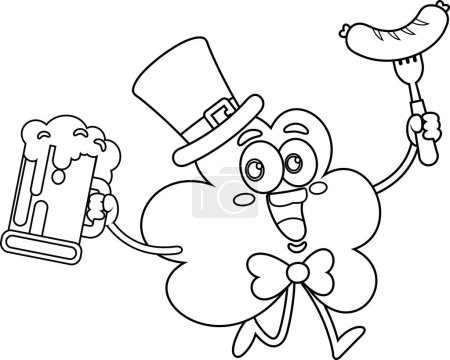 Ilustración de El personaje de dibujos animados de la hoja de trébol de San Patricio corriendo con taza de cerveza y tenedor con salchicha. Ilustración vectorial Diseño plano aislado sobre fondo blanco - Imagen libre de derechos