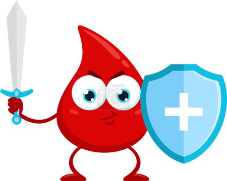 Illustration for Blood Drop Cartoon Mascot Character with sword and shield. Illustration Isolated On White Background - Royalty Free Image