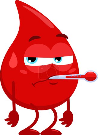 Illustration for Blood Drop Cartoon Mascot Character with thermometer. Illustration Isolated On White Background - Royalty Free Image