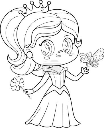 Téléchargez les illustrations : Personnage de dessin animé belle princesse avec fleur et papillon. Illustration dessinée à la main isolée sur fond transparent - en licence libre de droit