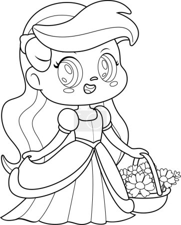 Téléchargez les illustrations : Personnage de dessin animé belle princesse avec des fleurs. Illustration dessinée à la main isolée sur fond transparent - en licence libre de droit