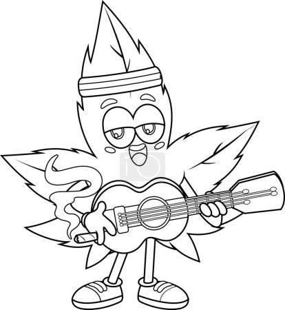 Illustration for Outlined Funny Marijuana Leaf Cartoon Character Playing A Guitar And Singing. Vector Hand Drawn Illustration Isolated On Transparent Background - Royalty Free Image