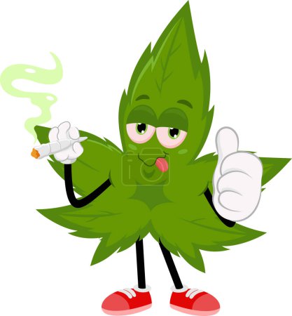 Illustration for Outlined Funny Marijuana Leaf Cartoon Character Smoking A Joint And Giving The Thumb Up. Vector Hand Drawn Illustration Isolated On Transparent Background - Royalty Free Image