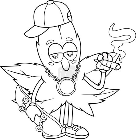 Téléchargez les illustrations : Gangsta Marijuana Leaf Cartoon Character Smoking A Joint. Illustration dessinée à la main vectorielle isolée sur fond transparent - en licence libre de droit