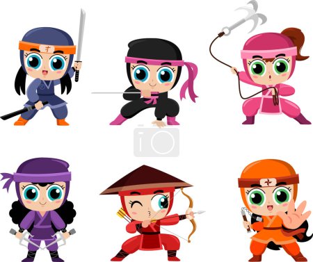 Téléchargez les illustrations : Personnages de bande dessinée mignonne Ninja Girl Warrior. Ensemble de collection Vector Flat Design isolé sur fond transparent - en licence libre de droit