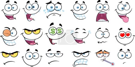 Illustration for Cartoon Funny Faces Old Animation Style. Vector Hand Drawn Collection Set Isolated On Transparent Background - Royalty Free Image