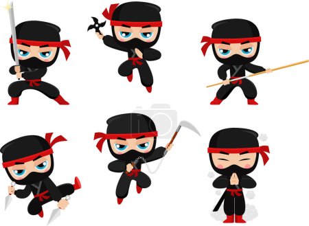 Ilustración de Lindo personaje de dibujos animados Ninja Boy Warrior. Conjunto de colección de diseño plano vectorial aislado sobre fondo transparente - Imagen libre de derechos