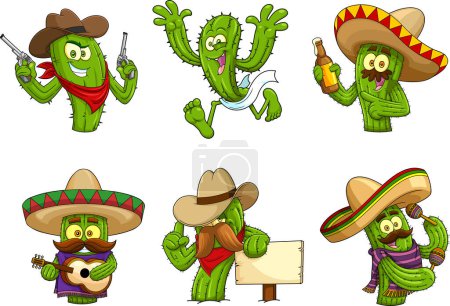 Téléchargez les illustrations : Personnages de bande dessinée Cactus. Ensemble de collection dessiné à la main vectoriel isolé sur fond blanc - en licence libre de droit
