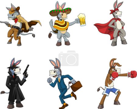 Téléchargez les illustrations : Donkey Jackass personnages de bande dessinée. Ensemble de collection dessiné à la main vectoriel isolé sur fond blanc - en licence libre de droit