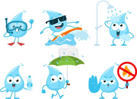 Illustration for Blue Water Drop Cartoon Character. Vector Flat Design Collection Set Isolated On Transparent Background - Royalty Free Image