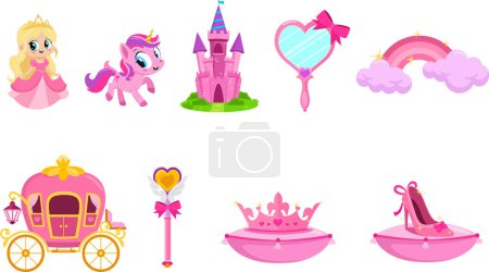 Illustration for Cute Little Princess Girl Cartoon Characters. Vector Flat Design Collection Set Isolated On Transparent Background - Royalty Free Image