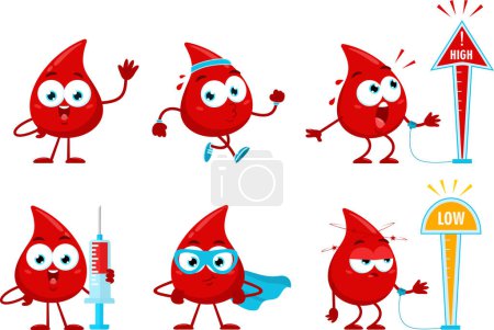 Illustration for Cute Red Blood Drop Cartoon Character. Vector Flat Design Collection Set Isolated On Transparent Background - Royalty Free Image