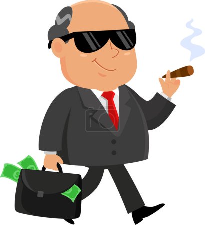 Téléchargez les illustrations : Business Boss Homme personnage de bande dessinée marche avec mallette pleine d'argent. Illustration vectorielle Design plat isolé sur fond transparent - en licence libre de droit