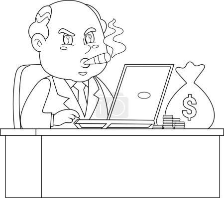 Téléchargez les illustrations : Business Boss Homme personnage de bande dessinée assis sur le pont avec un ordinateur portable et sac d'argent. Illustration vectorielle Design plat isolé sur fond transparent - en licence libre de droit
