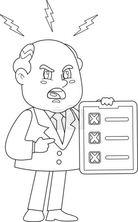 Illustration for Angry Business Boss Man Cartoon Character Talking And Pointing Checklist. Vector Illustration Flat Design Isolated On Transparent Background - Royalty Free Image