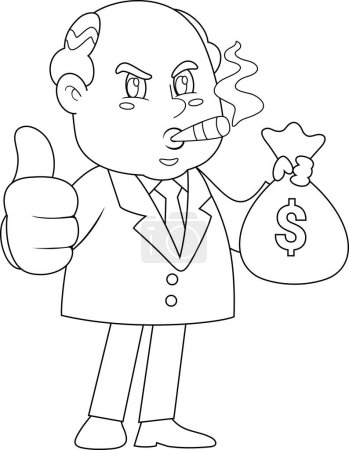 Illustration for Business Boss Man Cartoon Character Holding A Money Bag and Giving The Thumbs Up. Vector Illustration Flat Design Isolated On Transparent Background - Royalty Free Image