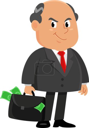 Ilustración de Smiling Business Boss Hombre Personaje de dibujos animados con maletín lleno de dinero. Ilustración vectorial Diseño plano aislado sobre fondo transparente - Imagen libre de derechos