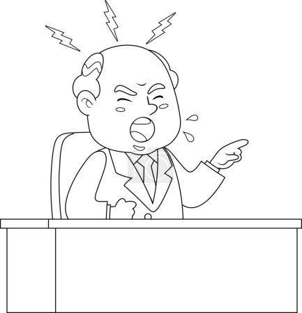 Ilustración de Enfadado jefe de negocios hombre de dibujos animados personaje sentado en el escritorio y señalando con el dedo. Ilustración vectorial Diseño plano aislado sobre fondo transparente - Imagen libre de derechos
