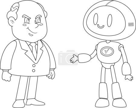 Téléchargez les illustrations : Homme d'affaires souriant Patron personnage de bande dessinée et robot IA. Illustration vectorielle Design plat isolé sur fond transparent - en licence libre de droit