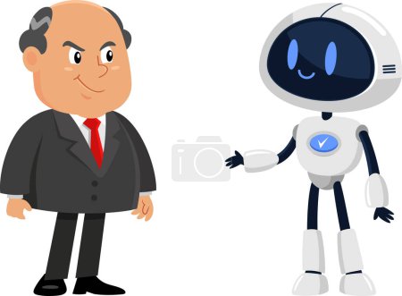 Téléchargez les illustrations : Homme d'affaires souriant Patron personnage de bande dessinée et robot IA. Illustration vectorielle Design plat isolé sur fond transparent - en licence libre de droit