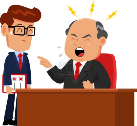 Ilustración de Jefe de negocios enojado despidiendo a un empleado personajes de dibujos animados. Ilustración vectorial Diseño plano aislado sobre fondo transparente - Imagen libre de derechos