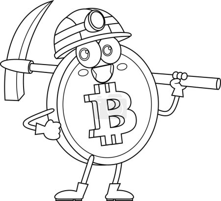 Illustration for Bitcoin Miner Cartoon Character Holding Pickaxe. Vector Illustration Flat Design Isolated On Transparent Background - Royalty Free Image