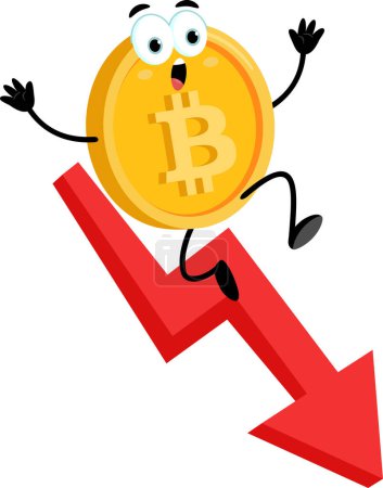Ilustración de Bitcoin personaje de dibujos animados va hacia abajo con la flecha de las estadísticas. Ilustración vectorial Diseño plano aislado sobre fondo transparente - Imagen libre de derechos