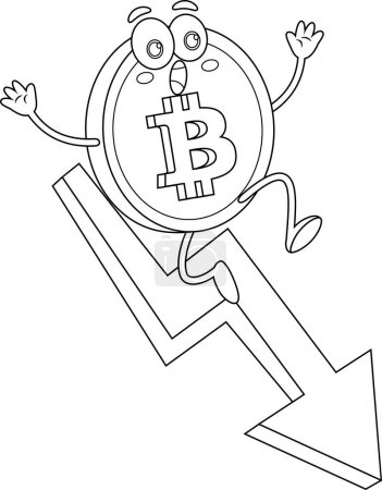 Téléchargez les illustrations : Bitcoin personnage de bande dessinée descend avec la flèche de statistiques. Illustration vectorielle Design plat isolé sur fond transparent - en licence libre de droit
