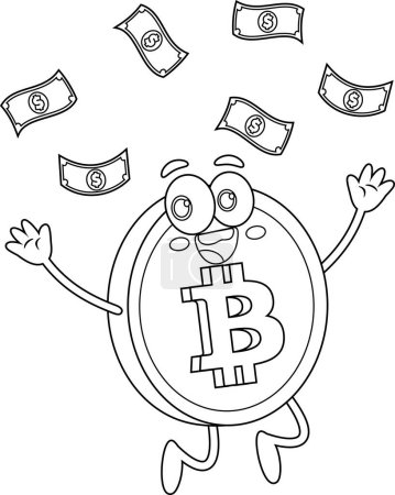 Téléchargez les illustrations : Bitcoin personnage de bande dessinée jetant de l'argent dans les airs. Illustration vectorielle Design plat isolé sur fond transparent - en licence libre de droit